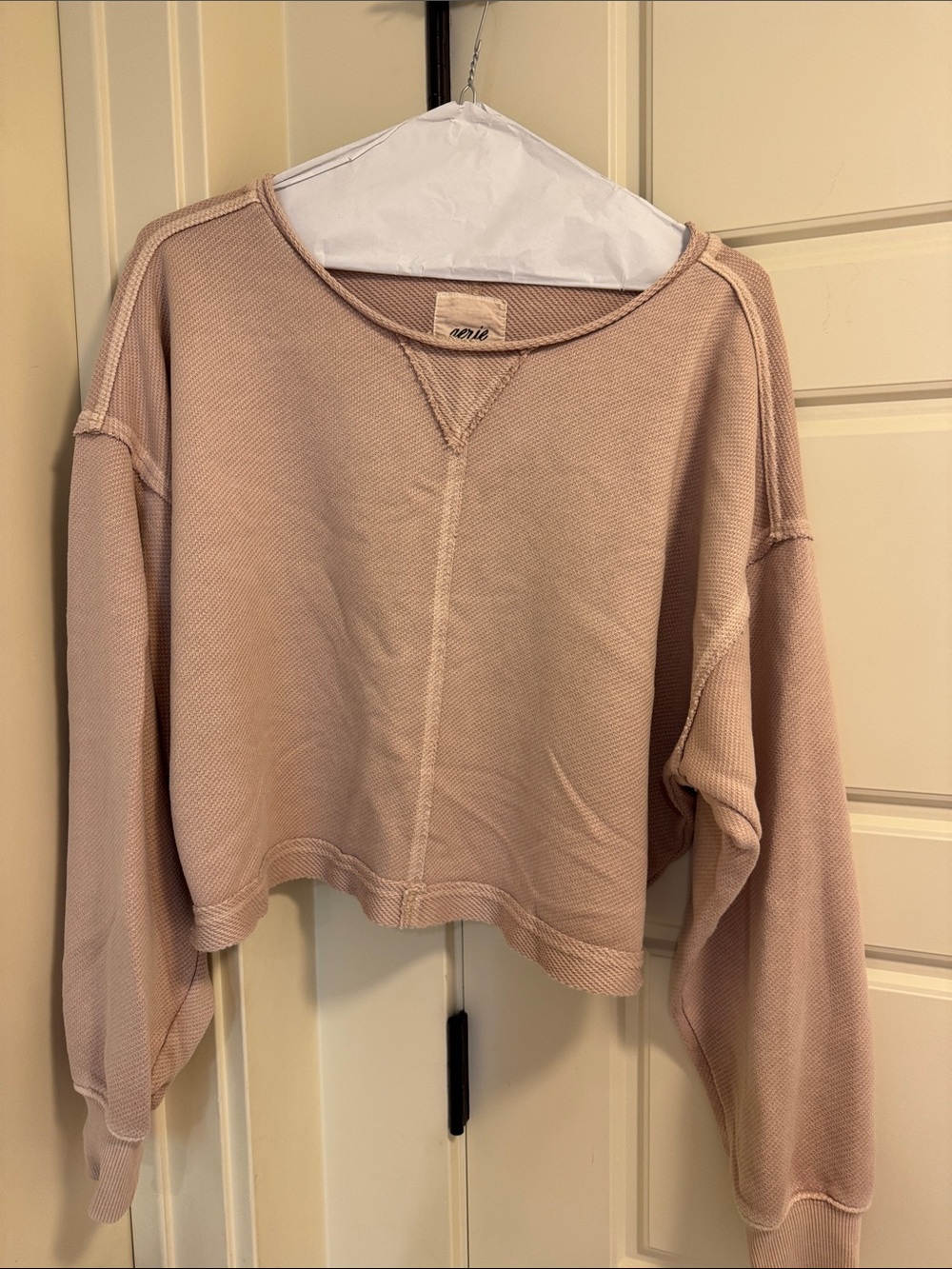 aerie Cropped Waffle-Knit Sweatshirt - Tan